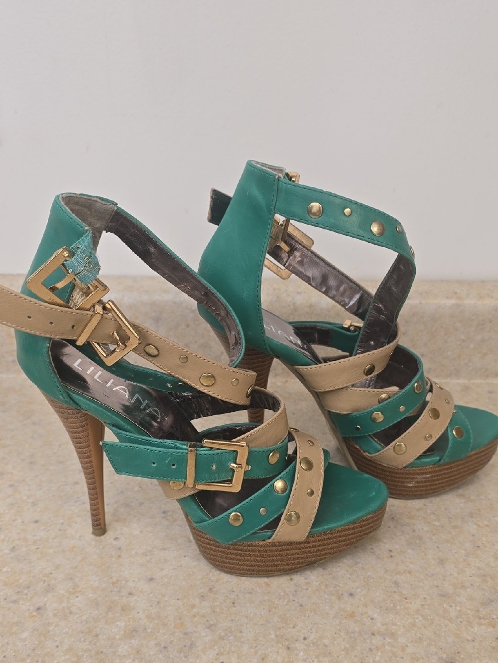 Liliana Teal and Tan Studded Strappy Platform Heels - 6